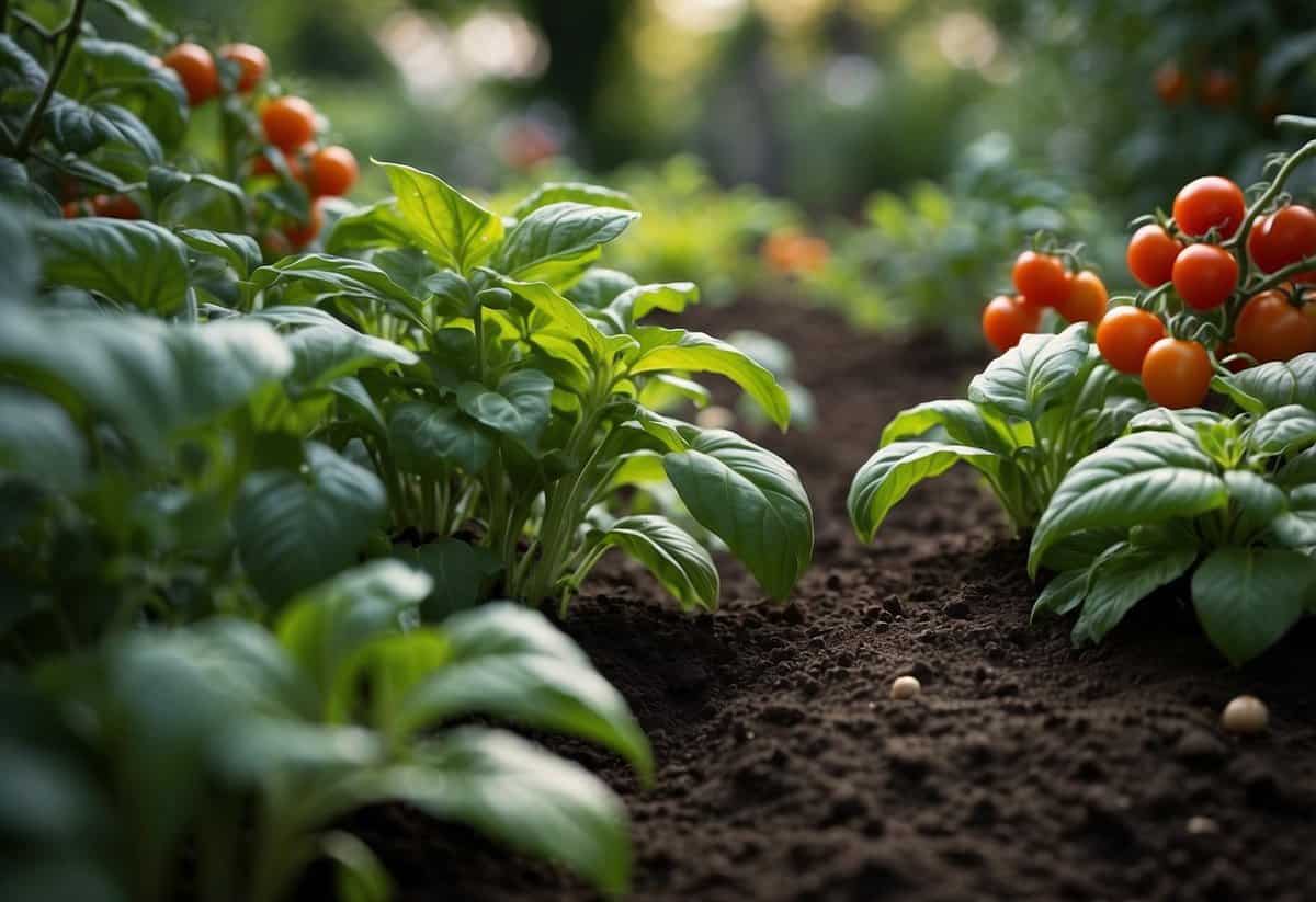 Lush garden with intermingling plants, like tomatoes and basil, creating a harmonious ecosystem. Rich soil and vibrant colors showcase the success of companion planting in New Zealand