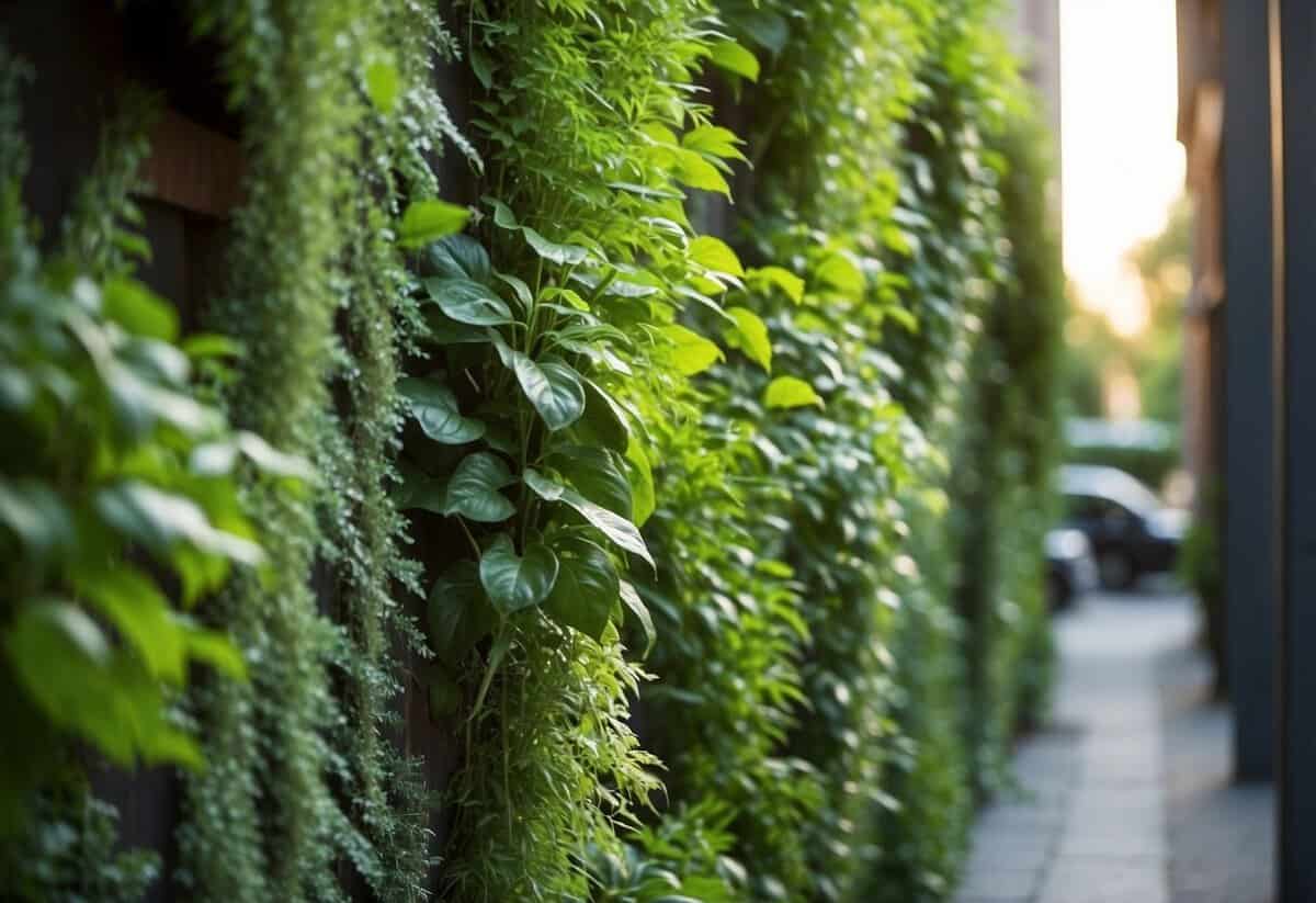 Vibrant green plants climb up a wall in a compact urban space. Lush foliage spills from hanging planters, creating a beautiful vertical garden