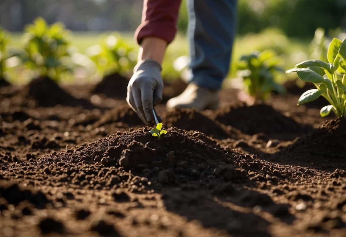 A gardener tills the soil, adding organic fertilizer for healthy plant growth. The sun shines overhead, casting long shadows on the freshly turned earth