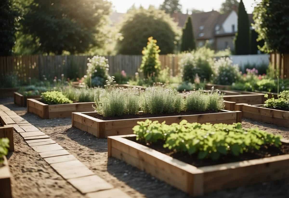 A garden with raised beds neatly organized and surrounded by clean pathways