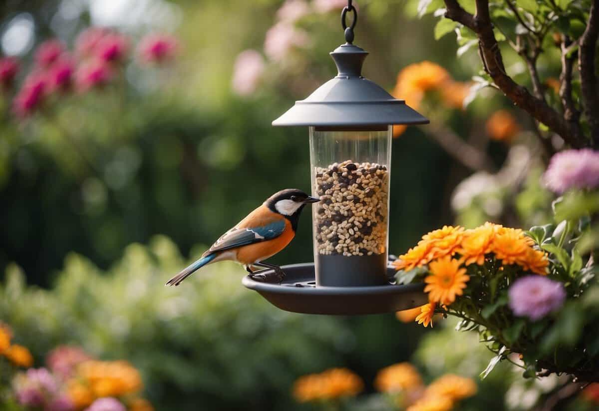 A bird feeder hangs from a tree in a tidy garden, surrounded by colorful flowers and neatly trimmed bushes