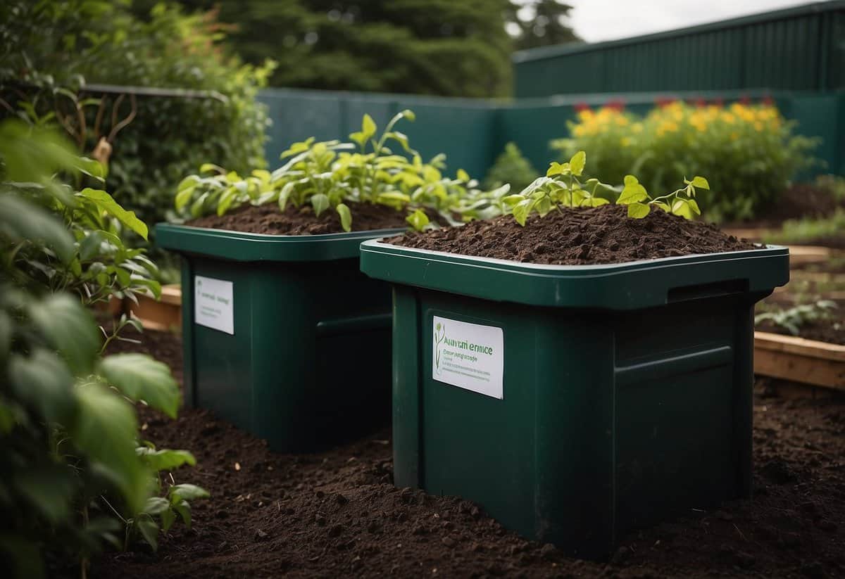 Compost bins sit in the corner of a bustling school garden, surrounded by rich, dark soil and vibrant green plants. The bins are filled with decomposing organic matter, emitting a faint earthy scent