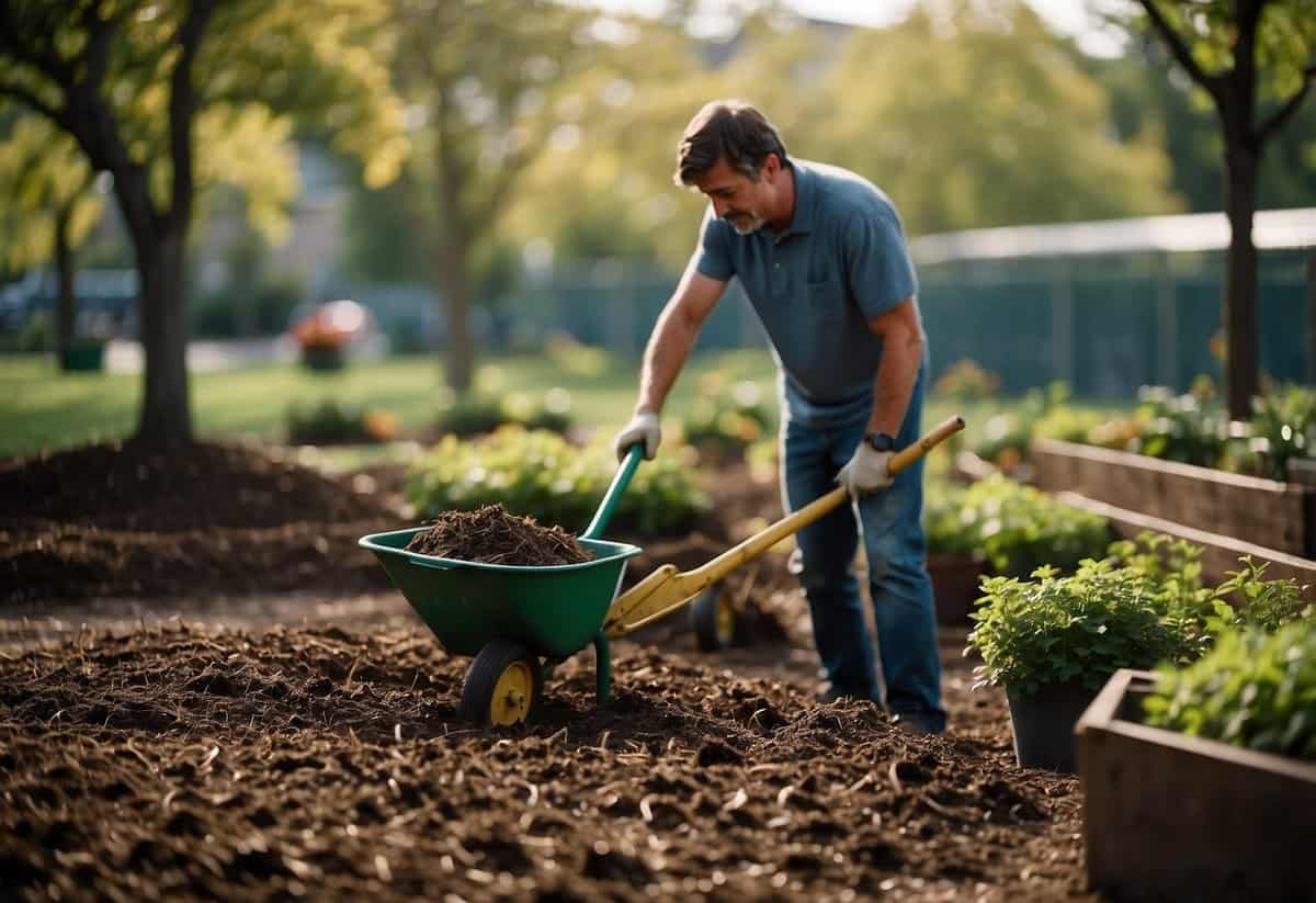 A person spreading mulch around plants in a school garden using a pitchfork and wheelbarrow