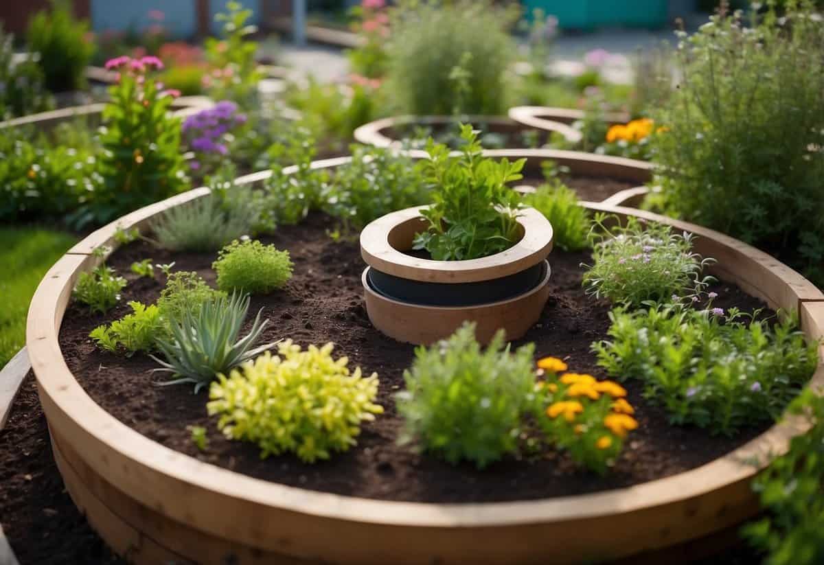 A spiral-shaped garden bed with various herbs growing in it, surrounded by a school garden with colorful flowers and thriving plants