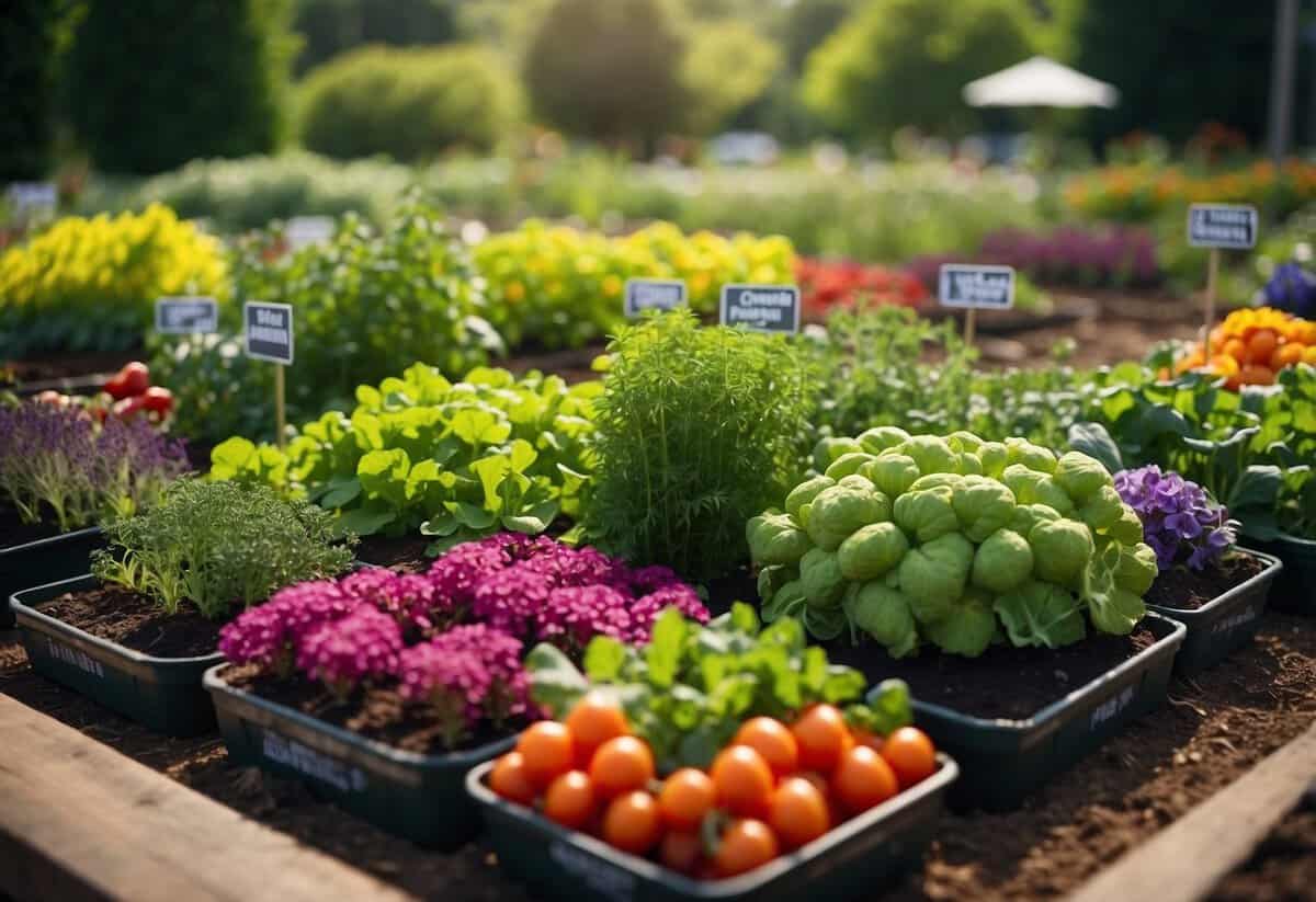 Lush garden beds with labeled rows of vegetables, flowers, and herbs, surrounded by a colorful array of seasonal planting guides and tips