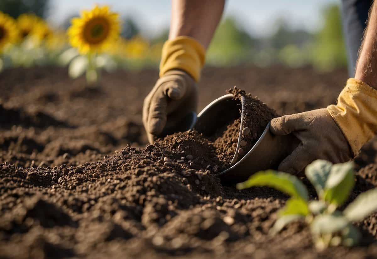 The soil is being tilled and turned over, ready for planting sunflower seeds. A gardener prepares the ground with care, following sunflower garden tips