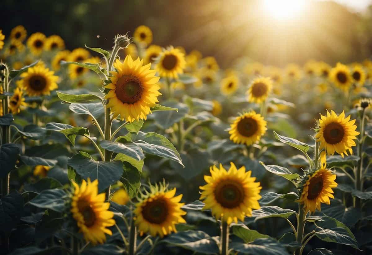 Sunlight bathes a lush sunflower garden, with water generously flowing from a nearby source