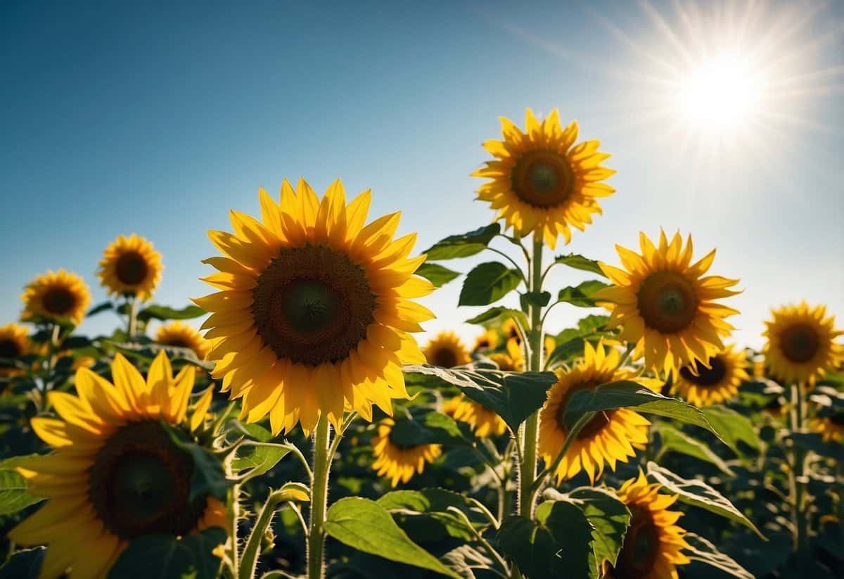 Sunflowers stand tall in a vibrant garden, surrounded by carefully placed pest deterrents. The bright yellow petals catch the sunlight, while protective measures shield them from harm