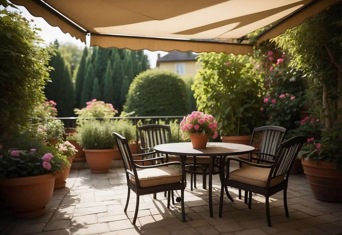 A garden with a retractable awning casting shade over a table and chairs, surrounded by potted plants and blooming flowers