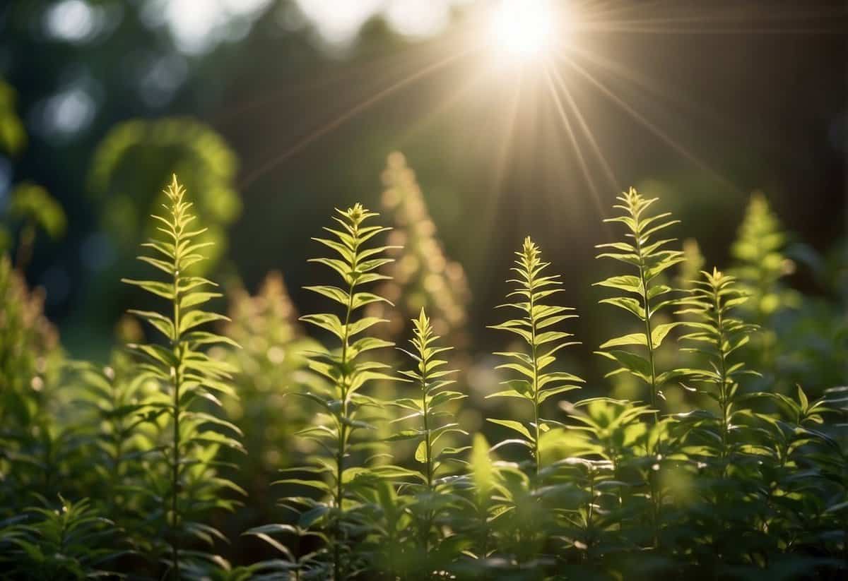 Tall plants stand in the shade of a garden, their leaves reaching upwards towards the sunlight