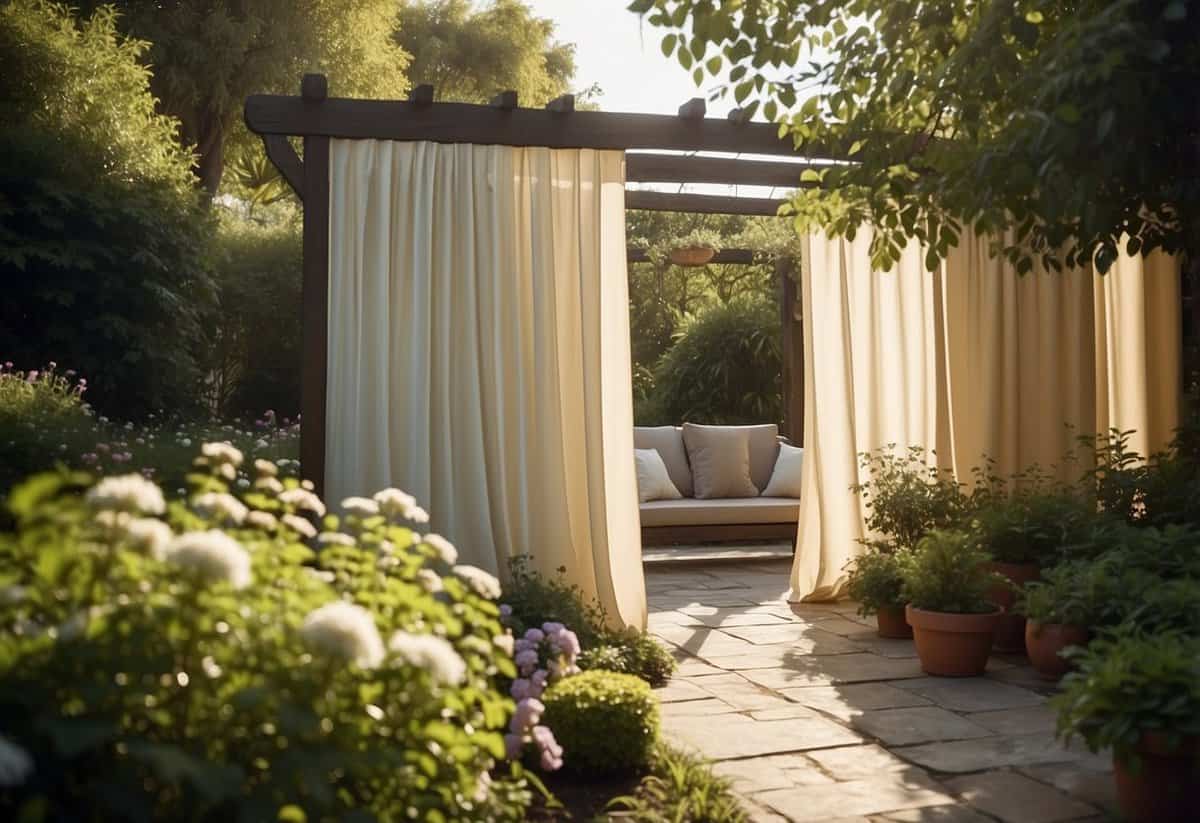 Lush garden with outdoor curtains billowing in the breeze, providing shade and a sense of tranquility