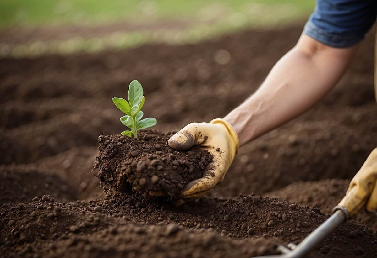 Soil being tilled and prepared for planting potatoes in a garden