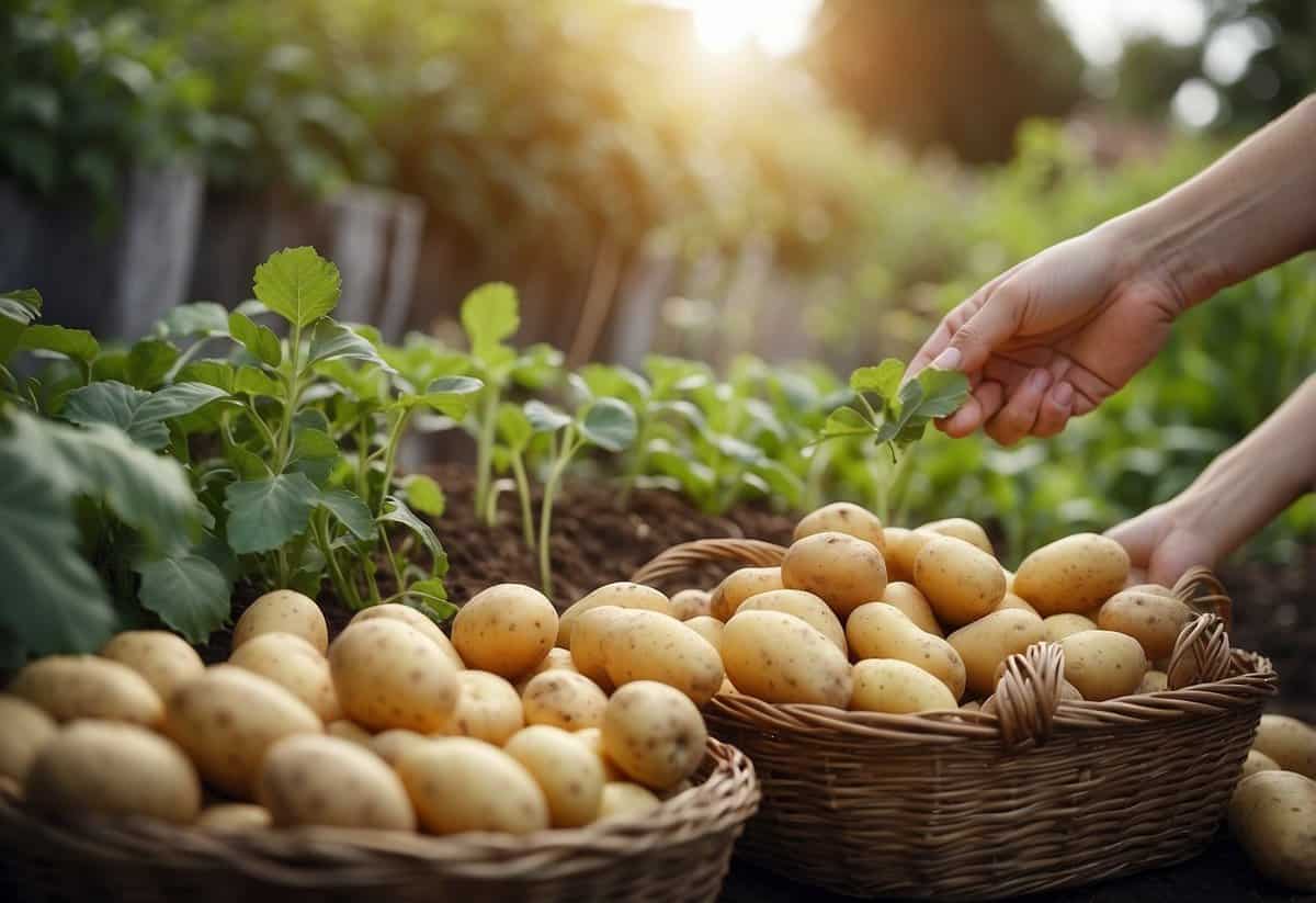 A hand reaching for various potato varieties in a garden, with labeled signs and a basket nearby