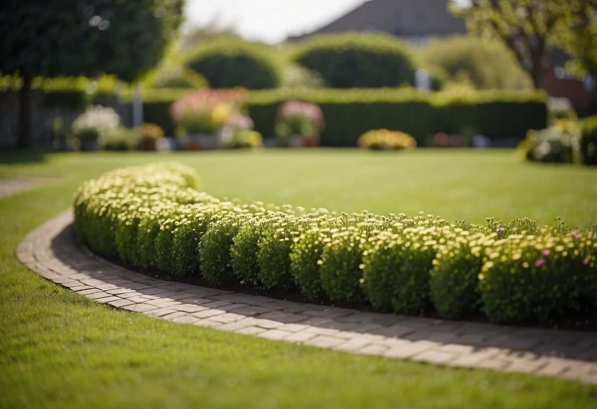 A neatly trimmed lawn with a mix of green grass and occasional patches of brown, surrounded by vibrant flowers and neatly trimmed hedges