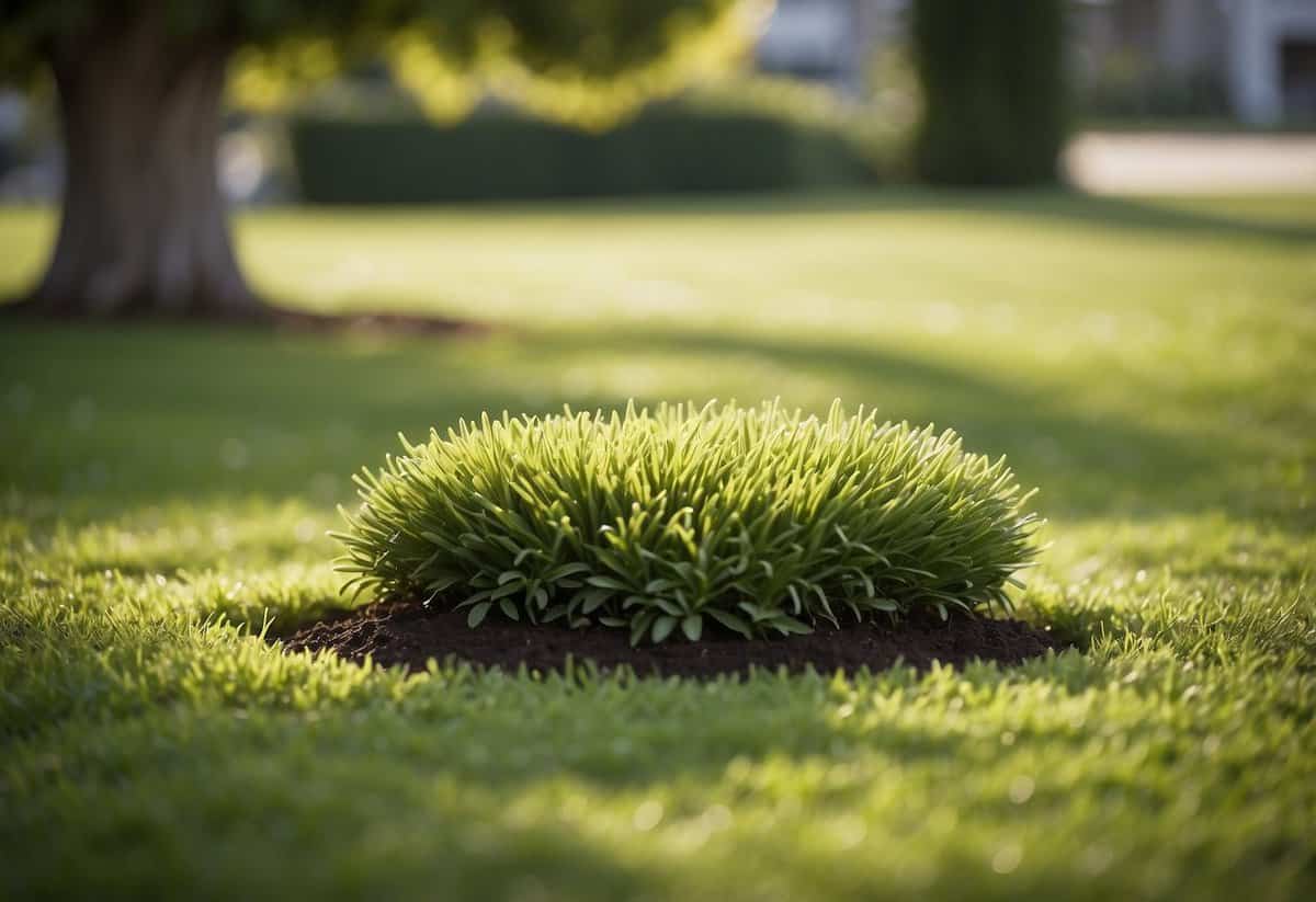 Lush green lawn with fertilizer spread evenly, surrounded by well-maintained garden beds