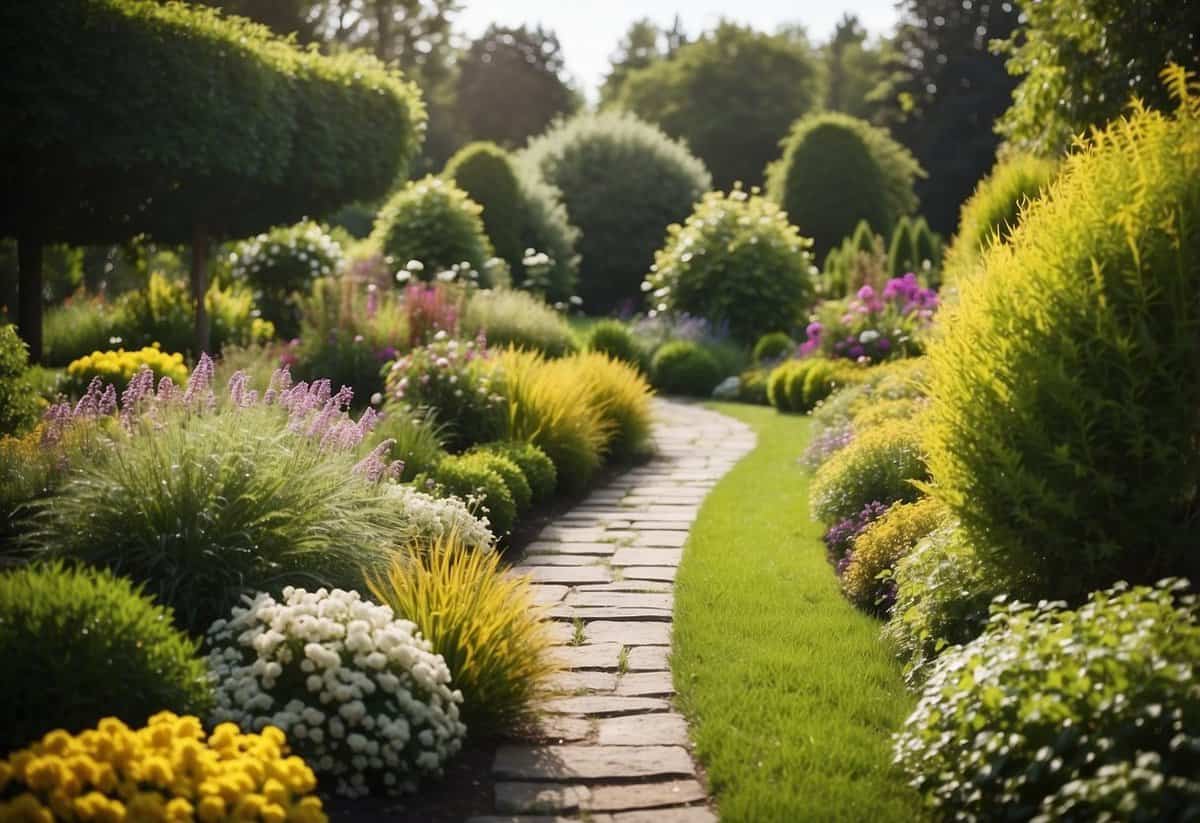 A lush, well-maintained garden with varying types of grass, neatly trimmed and bordered by colorful flowers and shrubs