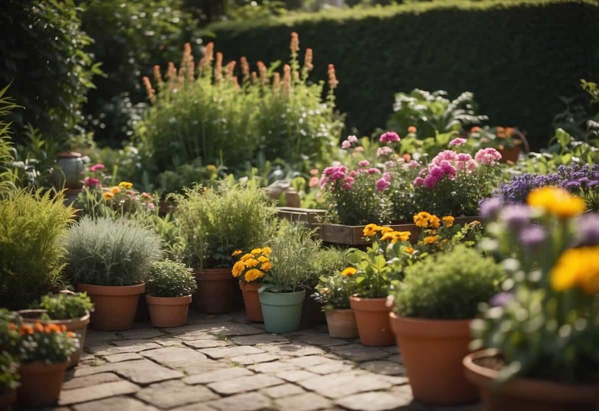 A variety of garden beds: raised, container, and traditional, surrounded by lush greenery and colorful flowers. Tools and materials are scattered around, with a gardener's hat resting on a nearby bench