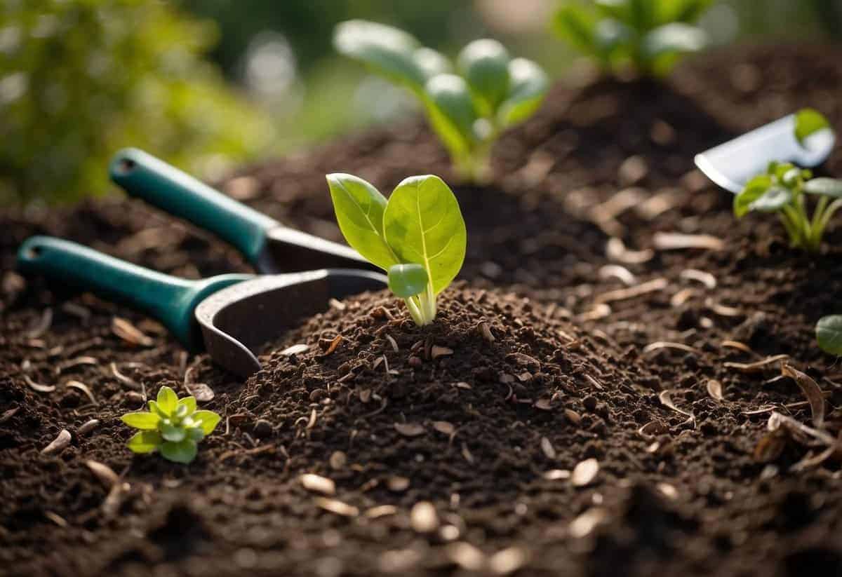 A garden bed with soil covered in organic mulch, surrounded by gardening tools and seed packets