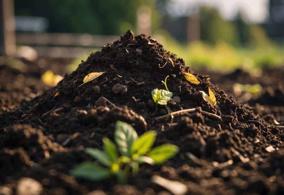 A pile of compost spills onto fertile soil, ready for gardening