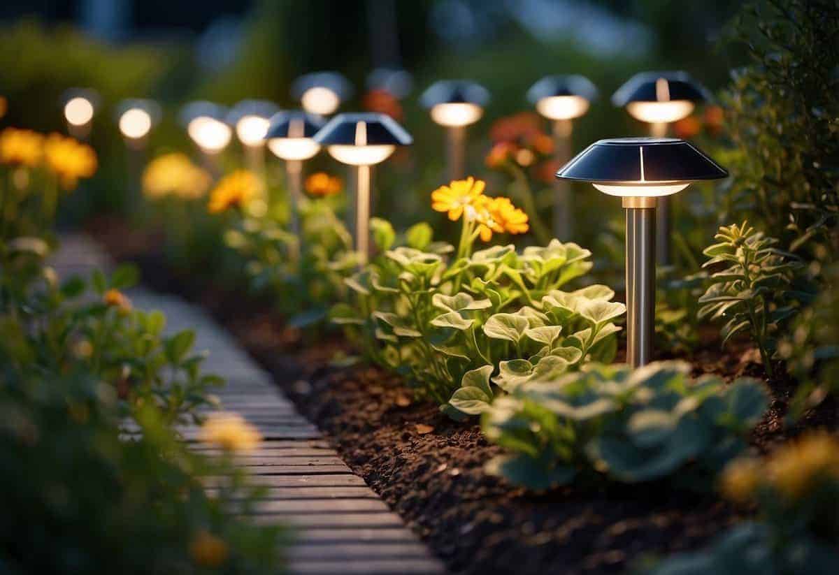 Solar lights line a garden border, casting a warm glow on the surrounding flowers and plants