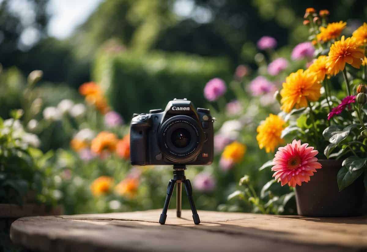 A lush garden with vibrant flowers and greenery, bathed in soft sunlight. A camera on a tripod captures the scene, with a notebook and pen nearby for jotting down photography tips