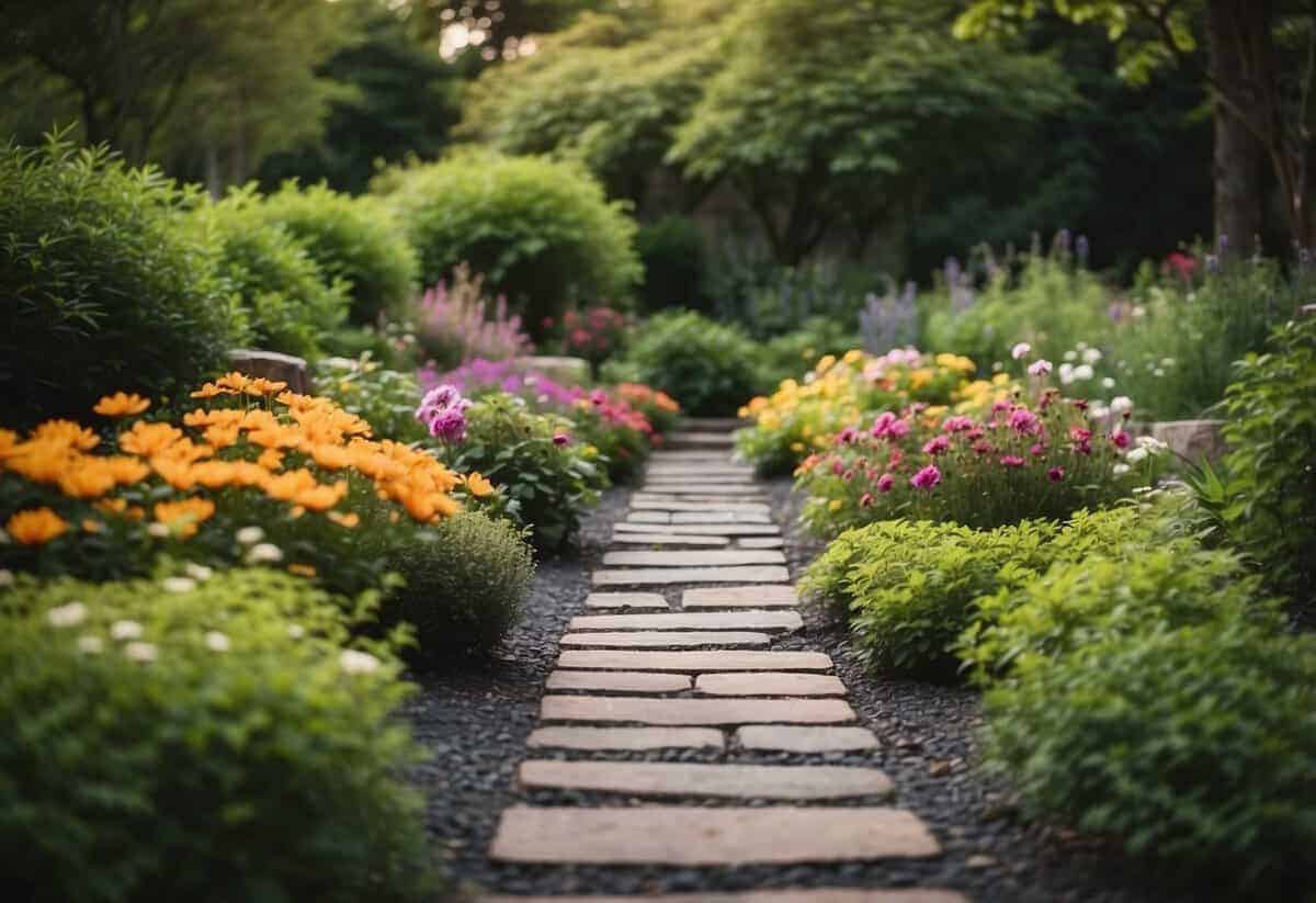 A garden with neatly arranged stepping stones, surrounded by lush greenery and colorful flowers. A sign nearby offers safety tips for navigating the garden