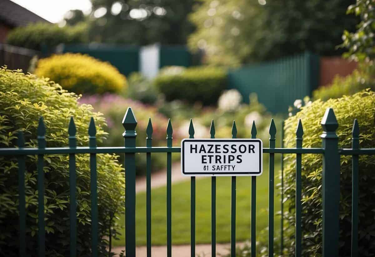 A garden with a sturdy fence around hazardous areas, labeled with safety tips signs