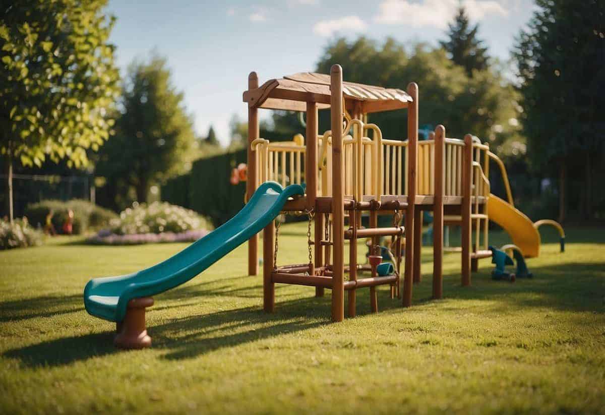 Children's play equipment in a well-maintained garden. A person is inspecting the equipment for safety, checking for any potential hazards