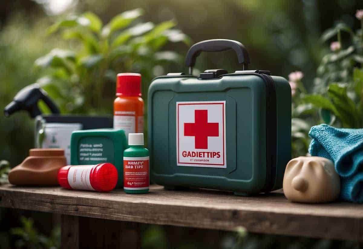 A first aid kit sits on a shelf in a lush garden, next to gardening gloves and tools. A sign nearby reads "Garden Safety Tips."