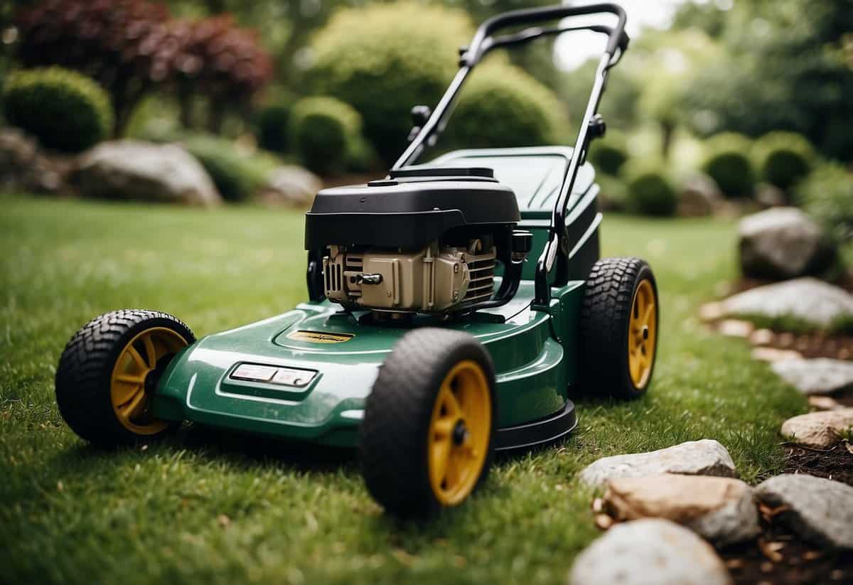 A lawnmower carefully navigating around rocks and debris in a lush garden setting