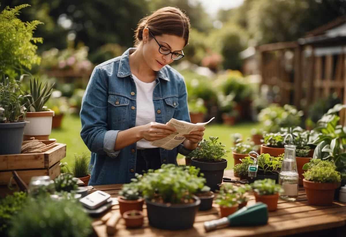 A person reading product labels in a garden, surrounded by various gardening tools and plants