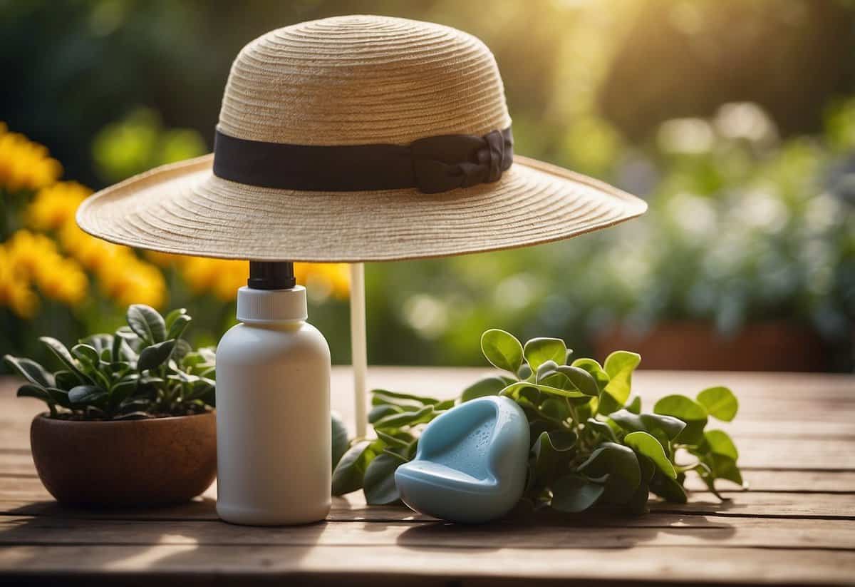 A bottle of sunscreen sits on a table next to a sunhat and gardening gloves, with a lush garden in the background