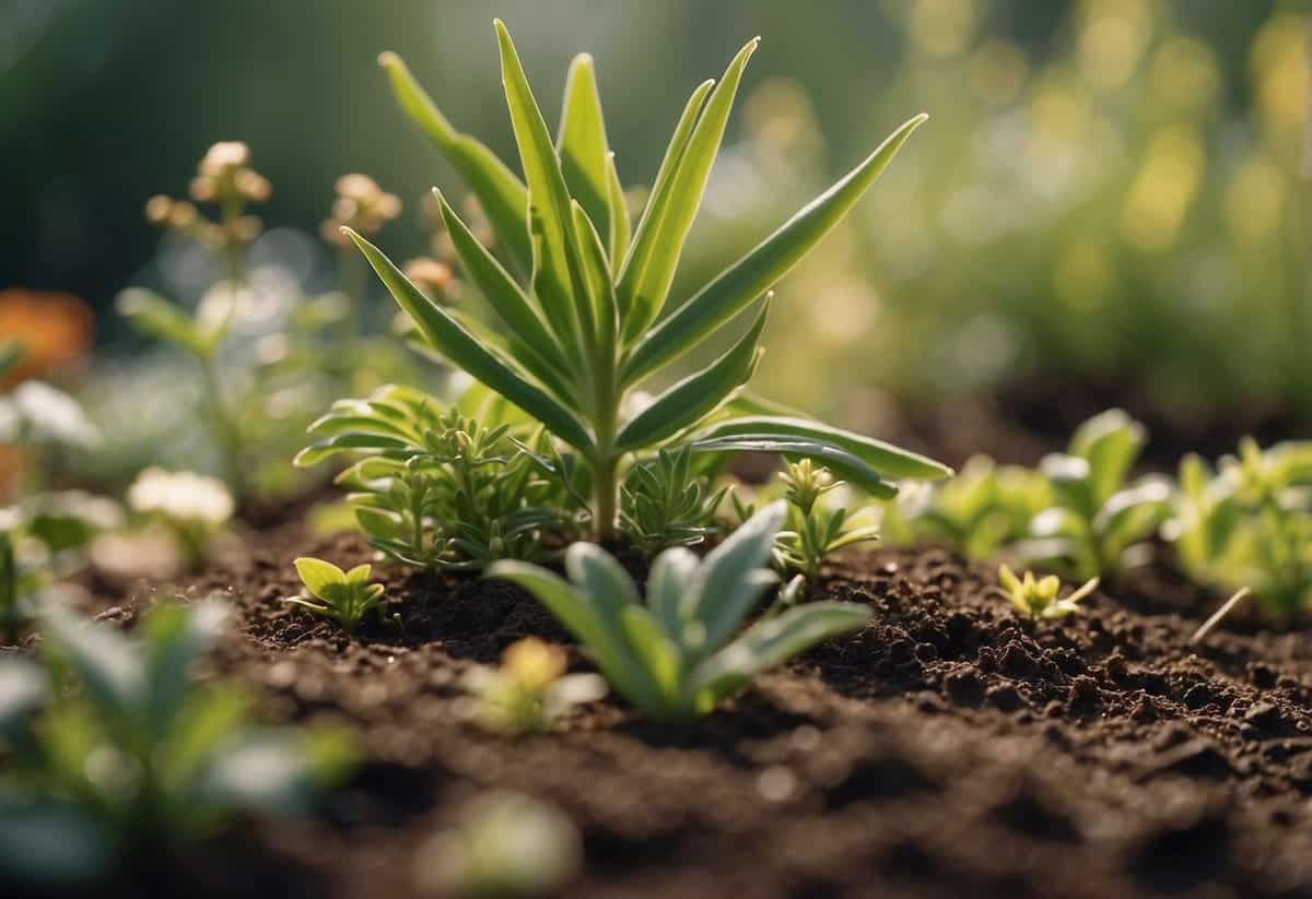 Native plants thrive in an organic garden. Illustrate a variety of species being planted in rich soil, surrounded by natural elements