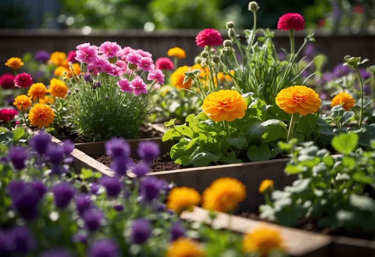 A small backyard garden bursting with colorful edible flowers, neatly organized in raised beds and containers, with vibrant green foliage and a variety of shapes and sizes