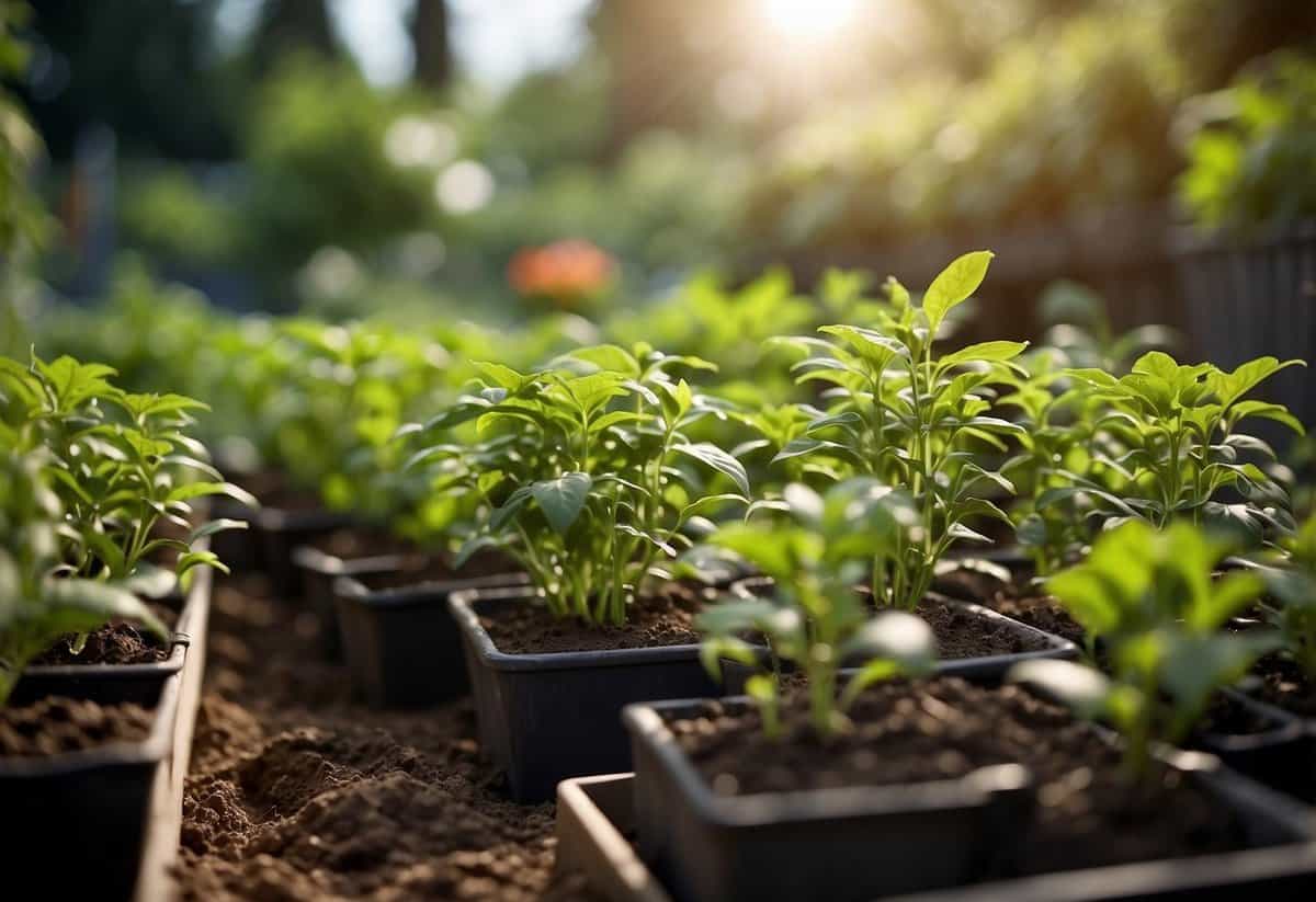 Lush garden scene with vibrant pepper plants, labeled "Transplant with Care" tips, featuring healthy soil and proper spacing