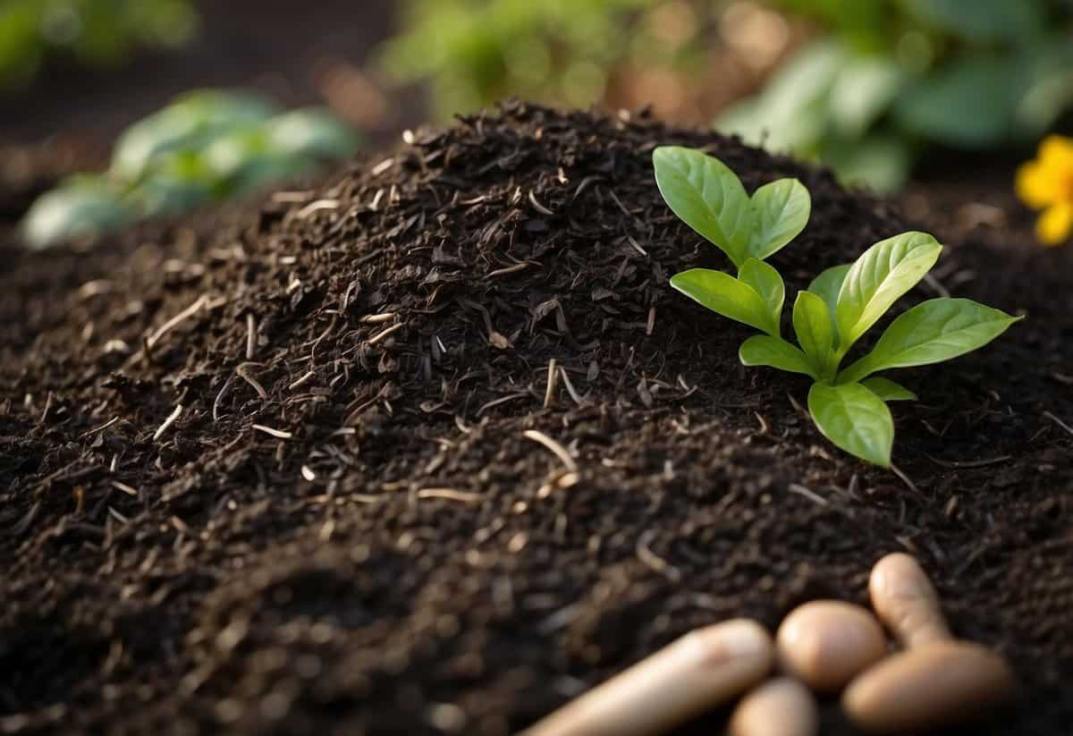 A pile of compost mulch sits in a garden, surrounded by vibrant plants. The rich, dark mulch provides essential nutrients for healthy, thriving gardens