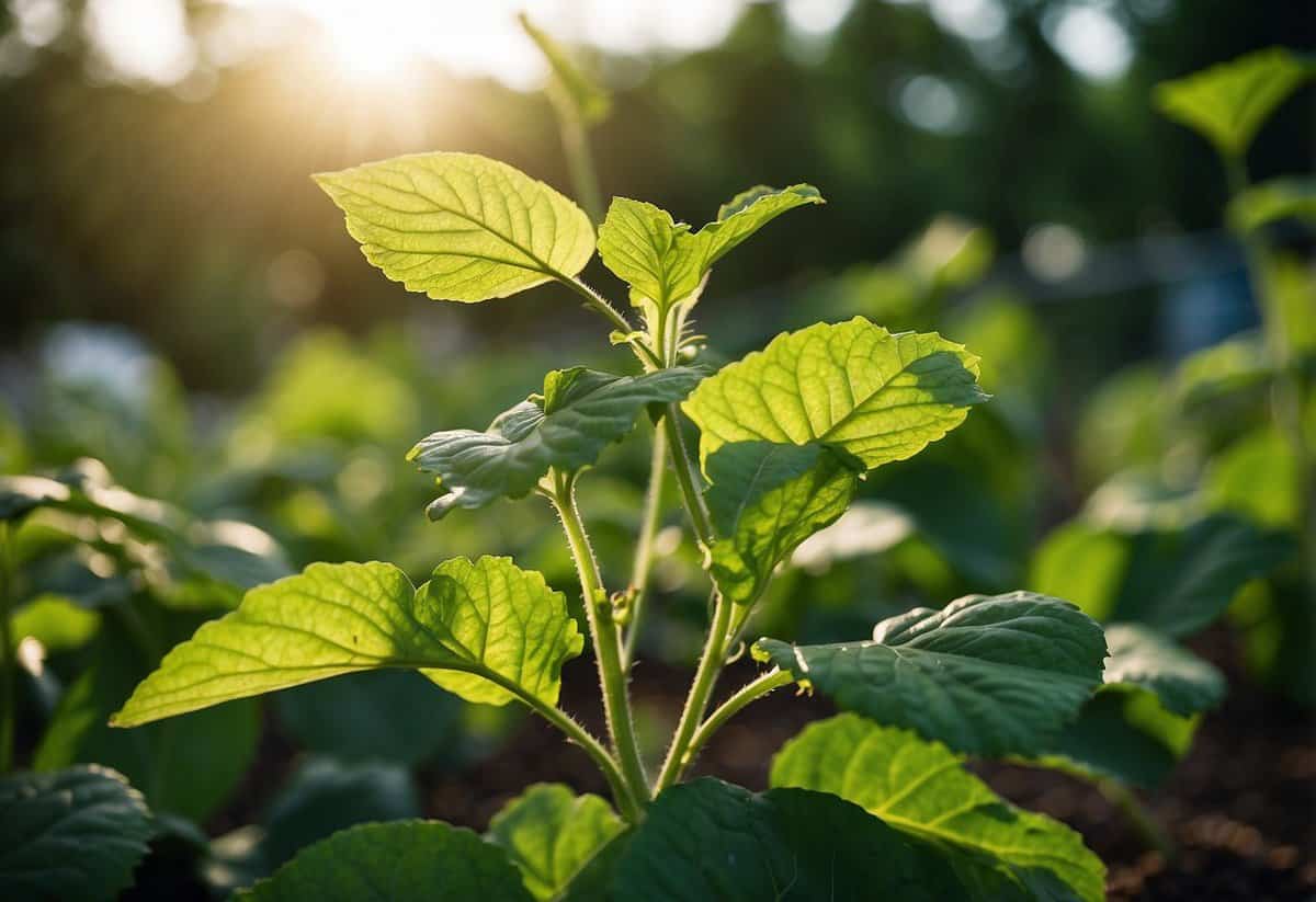 A vibrant cucumber plant thrives in a sun-drenched garden, surrounded by lush green foliage and reaching towards the bright sky