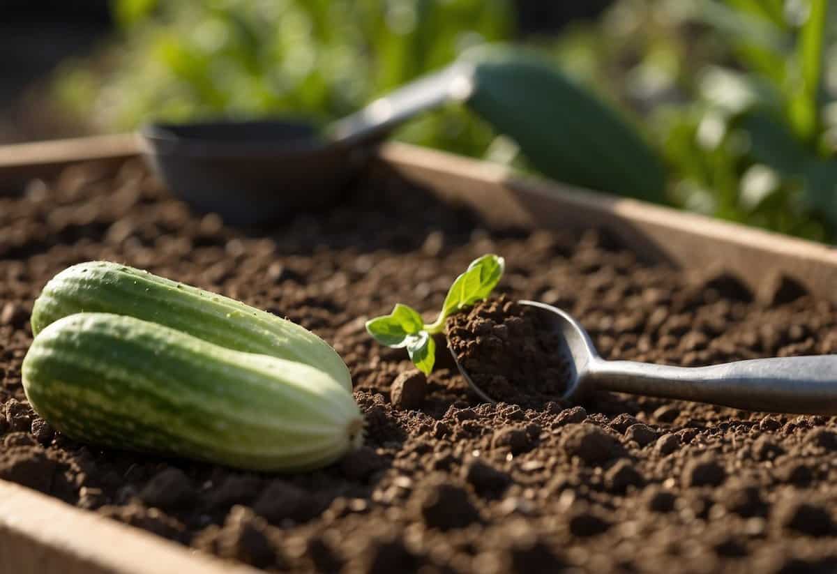 Rich, crumbly soil being gently poured into a raised garden bed, with a packet of cucumber seeds and a trowel nearby