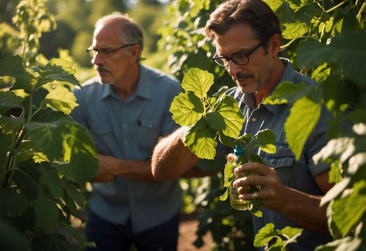 Lush cucumber vines twist around wooden trellises in a sun-dappled garden. A vigilant gardener inspects leaves for signs of pests, armed with a magnifying glass and a spray bottle