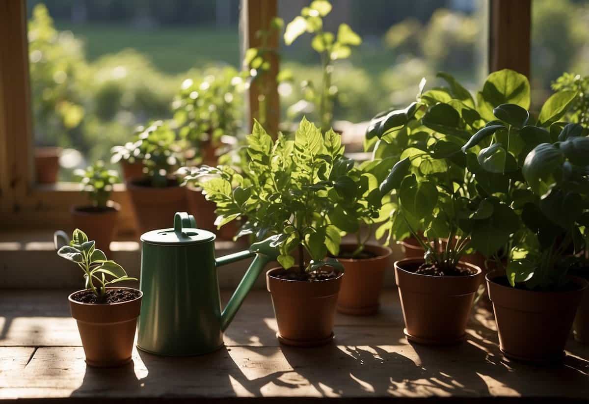 Sunlight streams through the leaves, casting dappled shadows on the fertile soil. Potted plants line the edges, ready to be transplanted. A watering can and gardening tools sit nearby, awaiting use