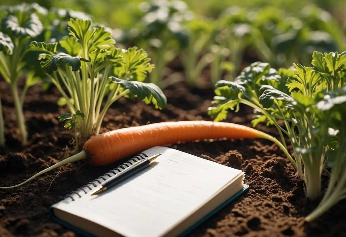 Lush green carrot garden with rich soil, a test kit, and a gardener's notebook. Sunlight filters through the leaves as the gardener examines the soil