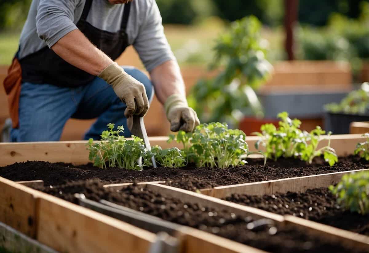 A gardener prepares raised beds for a carrot garden, adding compost and leveling the soil. Tools and seed packets are scattered nearby