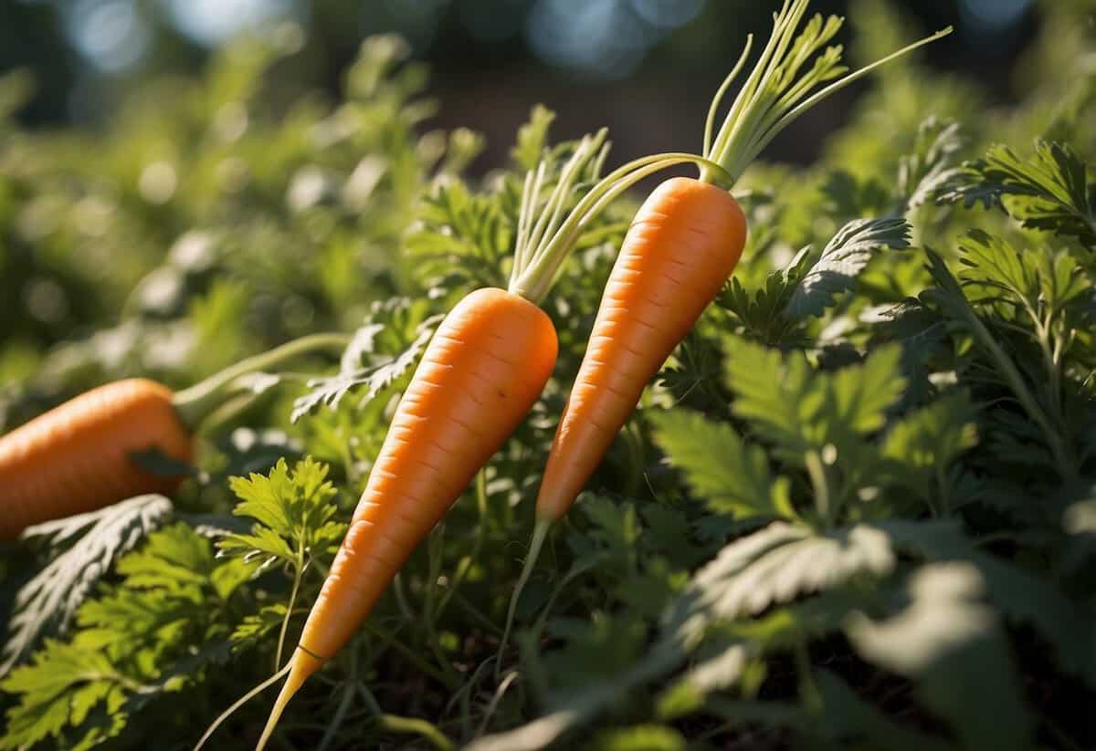 Lush carrot garden, with weeds being pulled. Sunlight filters through the leaves