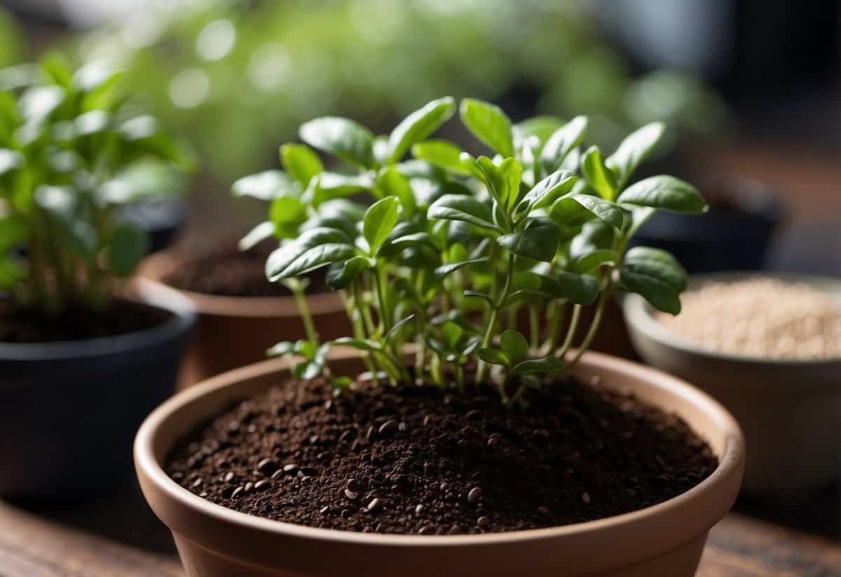 Coffee grounds spread around potted plants, with green shoots growing quickly