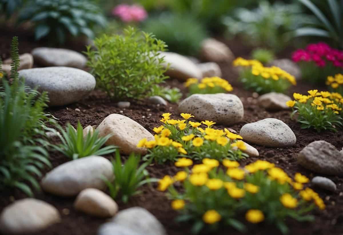 A rocky garden with various soil types labeled, surrounded by plants and flowers