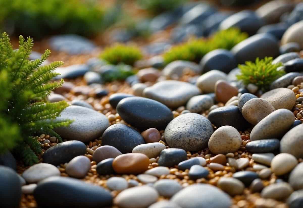 A rock garden with drainage tips, featuring various types of rocks and pebbles arranged in a visually appealing and functional manner