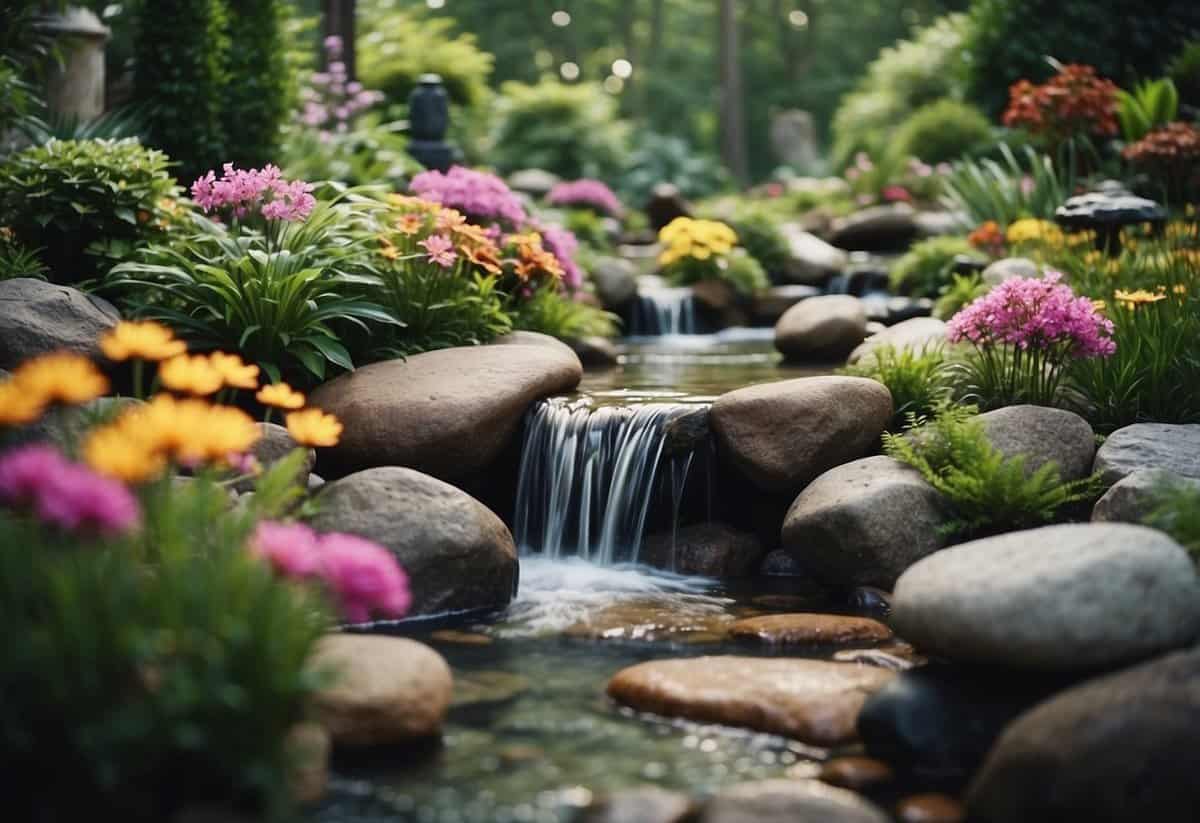 A serene rock garden with flowing water features, surrounded by lush greenery and colorful flowers