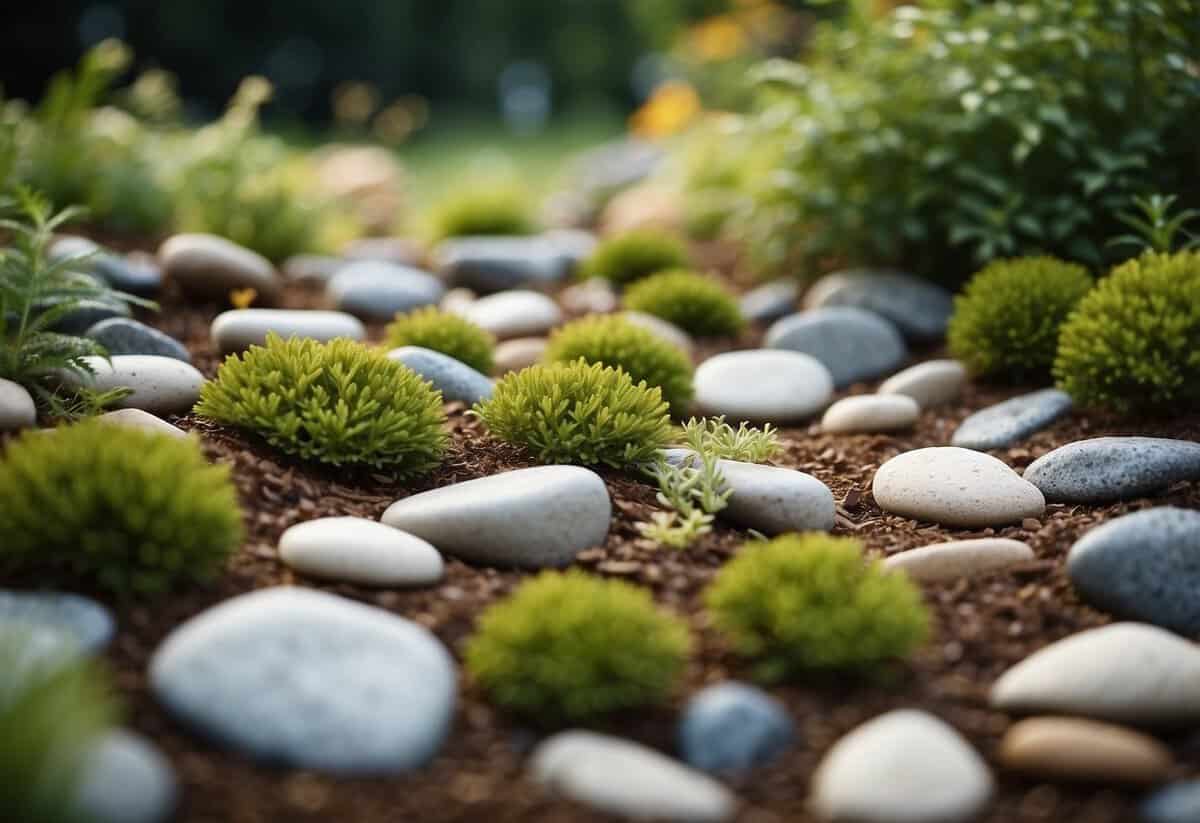 A serene rock garden with natural mulch, featuring carefully arranged stones and plants