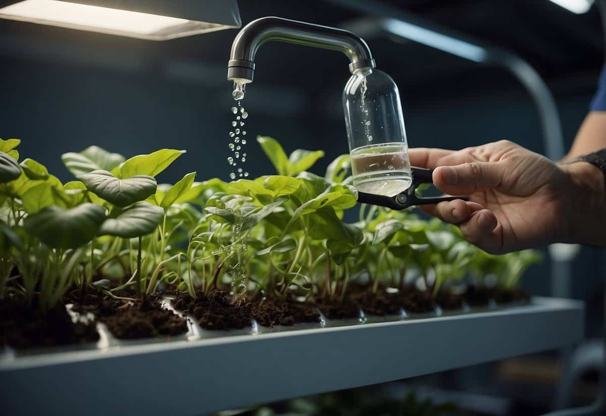 A hand pours nutrient solution into a hydroponic system. Plant roots dangle in the water. A timer indicates regular maintenance