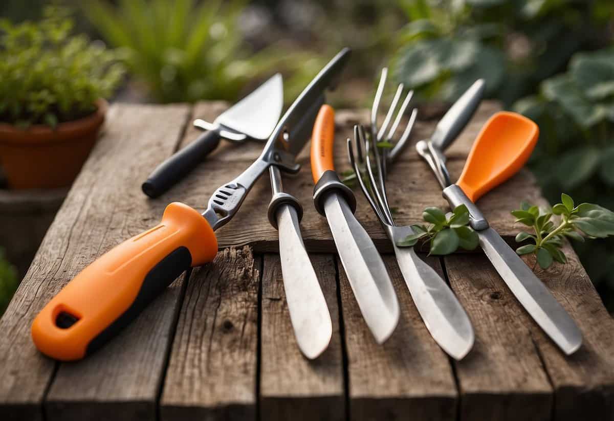 A garden tool set displayed on a wooden table, with a trowel, transplanter, and cultivator arranged neatly. The soft-touch handles and bright orange accents stand out against the natural backdrop